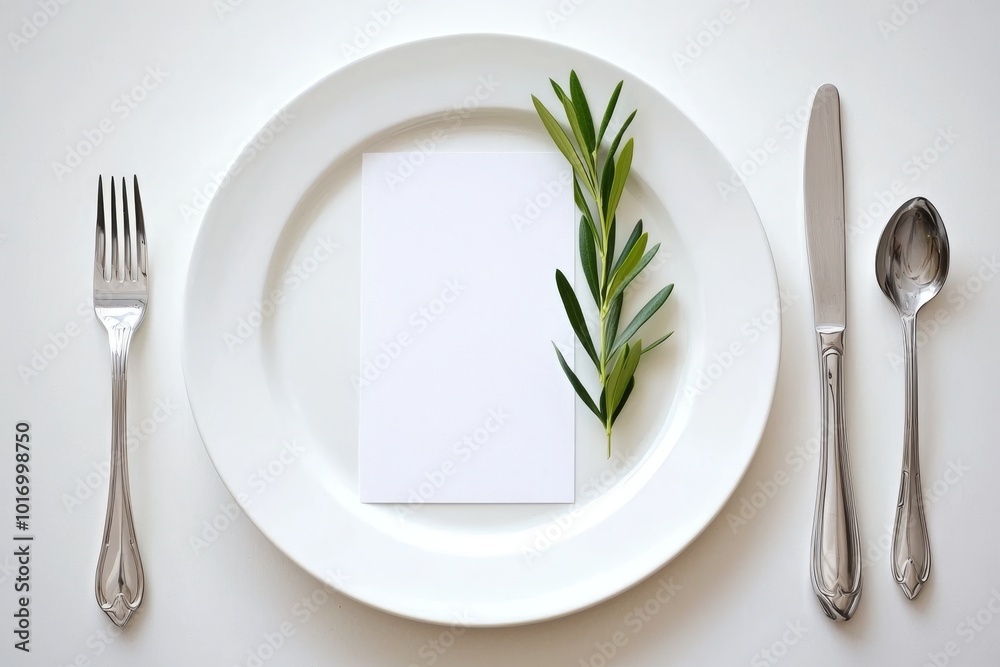 Summer table setting with golden cutlery, olive branch, porcelain dinner plate, and silk ribbon on white table background. Blank card mockup. Mediterranean wedding or restaurant menu concept.
