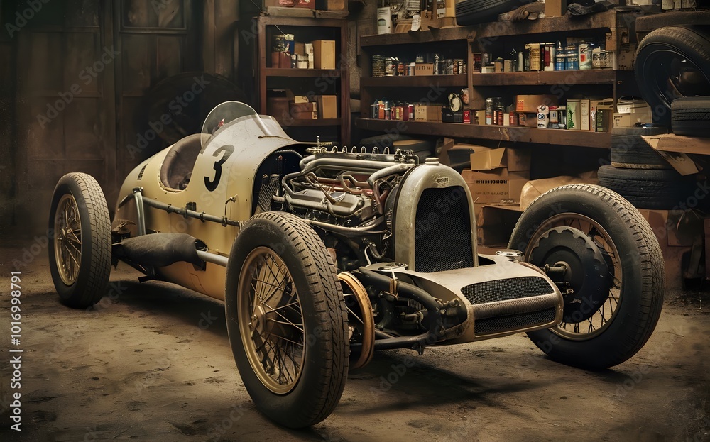 Naklejka premium Old racing car inside a garage