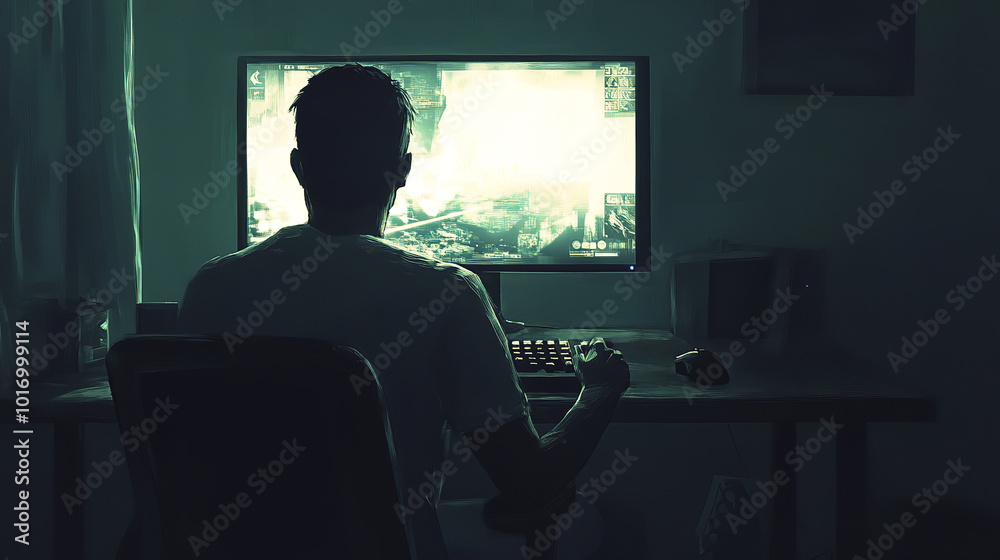 A realistic depiction of a man playing a shooting video game, shown only from the back A realistic depiction of a man playing a shooting video game, shown only from the back