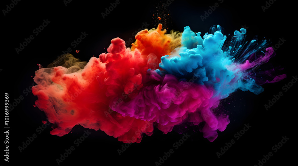 Spectacular Color Explosion: Vivid Clouds of Pigments Against Black Background Spectacular Color Explosion: Vivid Clouds of Pigments Against Black Background