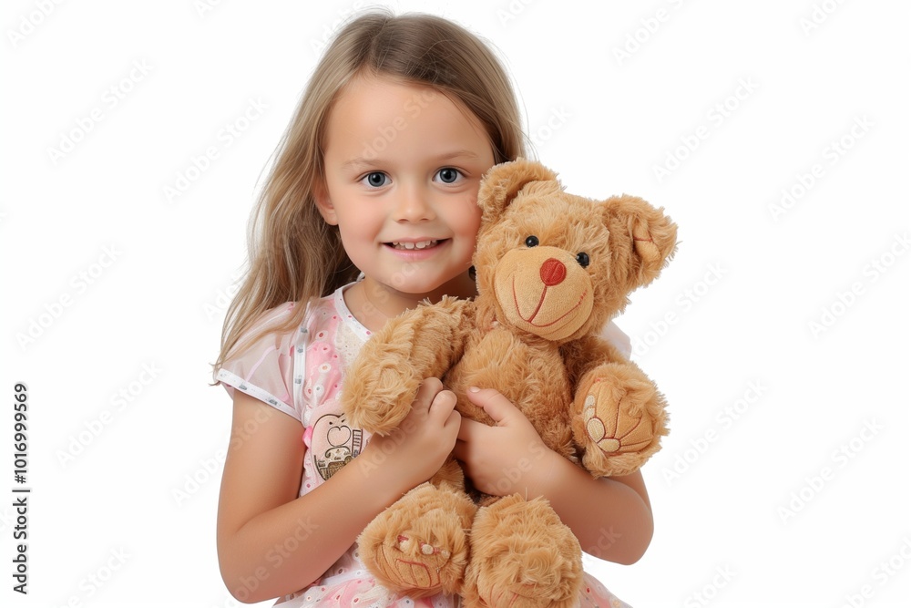 A young girl holding a teddy bear, with an innocent and happy expression, cut out against a white background. A young girl holding a teddy bear, with an innocent and happy expression, cut out against a white background.