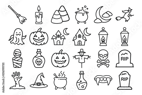 Spooky Halloween Icon Set With Pumpkins, Ghosts, Bats, and Haunted Objects for Festive Designs