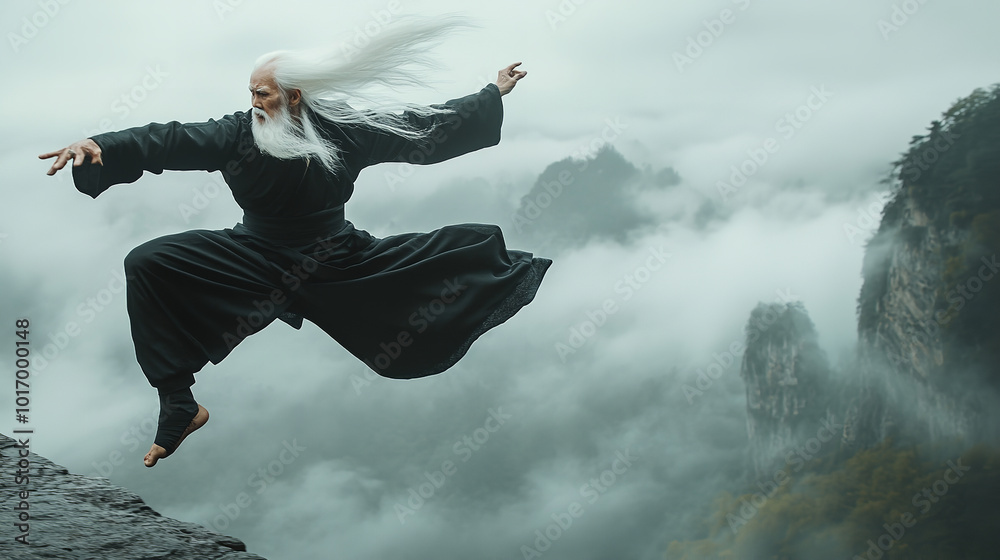 An very old man with long and flowing white hair, wearing an elegant black kung fu suit