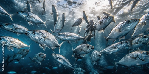 Enchanting Image of a School of Silver-Colored Fish Moving in Unison | Stunning Underwater Photography Marine Life in Harmony | Silver Fish Shoal Swimming Together | Ocean Wildlife in Natural Habitat