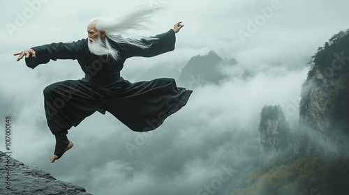 Obraz na płótnie An very old man with long and flowing white hair, wearing an elegant black kung fu suit w salonie
