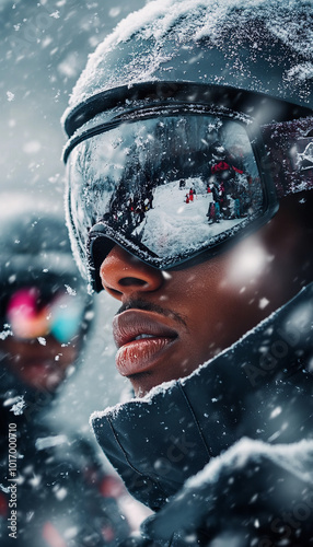 black man wearing a ski suit in the alps with friends photo