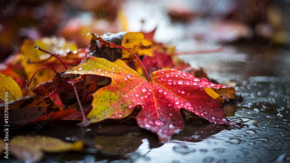 Red and yellow autumn leaves covered in raindrops, creating a vivid contrast between seasonal colors Red and yellow autumn leaves covered in raindrops, creating a vivid contrast between seasonal colors