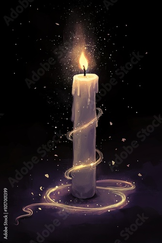 A glowing white candle with magical sparks and a soft glow on a dark background. photo