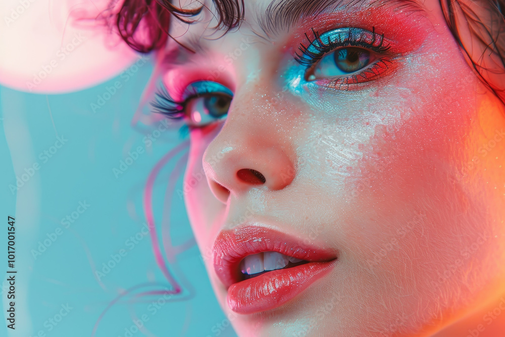 A woman with blue eyes and pink and purple makeup on her face A woman with blue eyes and pink and purple makeup on her face