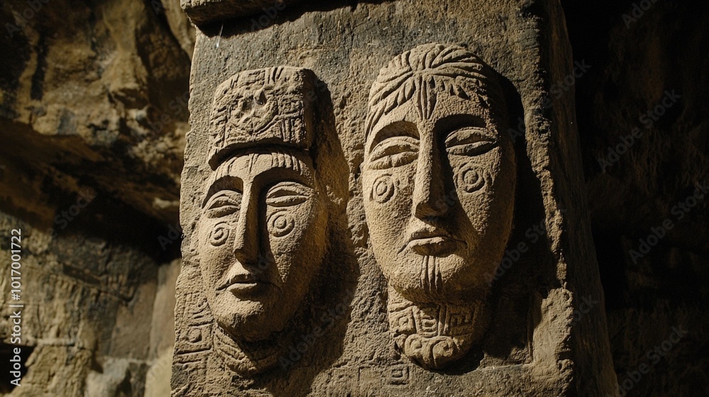 Fototapeta premium Ancient stone carvings featuring dual human figures in a darkened cave