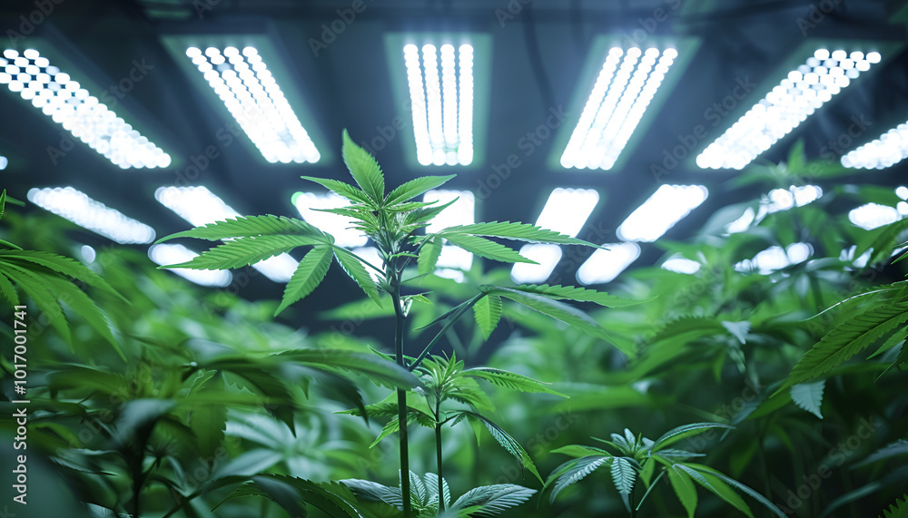 Cannabis plants thriving under high-intensity led lighting in a controlled indoor environment Cannabis plants thriving under high-intensity led lighting in a controlled indoor environment