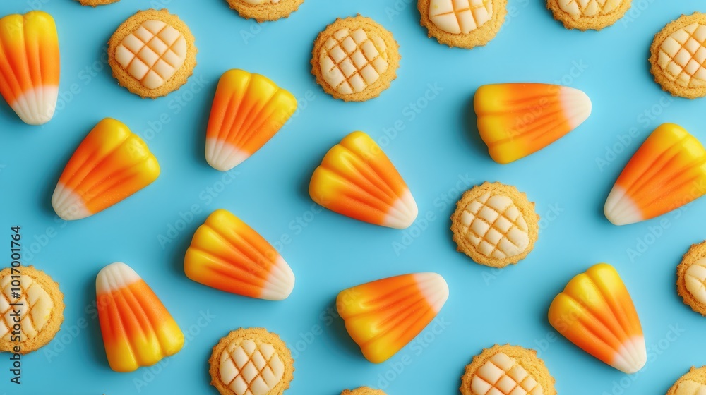 Delicious candy corns and cookies on a blue background closeup Delicious candy corns and cookies on a blue background closeup