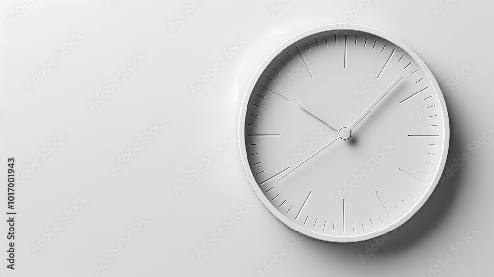 Minimalist white wall clock on textured white background. Time and punctuality concept. Flat lay with copy space for banners, posters, or marketing materials. Minimalist white wall clock on textured white background. Time and punctuality concept. Flat lay with copy space for banners, posters, or marketing materials.