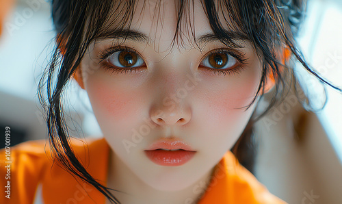 A young and beautiful Japanese high school student with big sparkling eyes photo