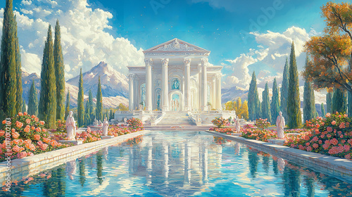 Extraordinary beautiful bright dazzling symmetrical white crystal Grecian temple with tall pillars