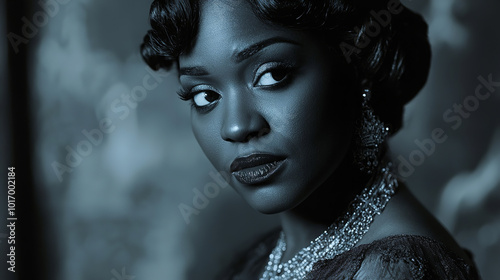 extremely beautify Black Woman from the 1920s starring at something slightly above the camera photo