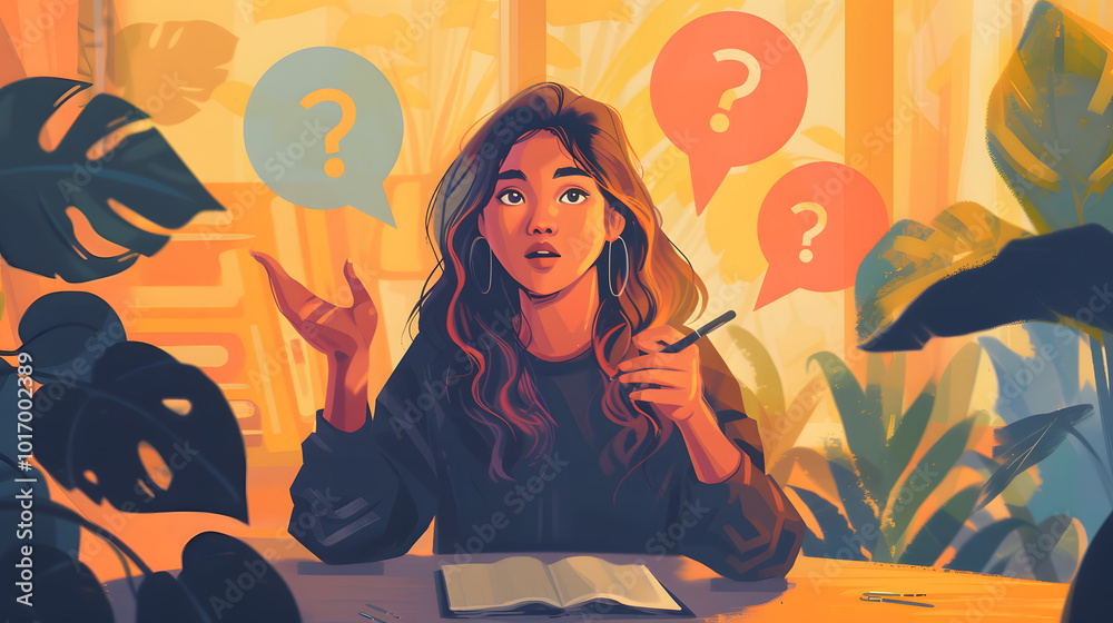 Inquisitive Young Woman: Exploring Ideas with Question Marks in a Lush Workspace Inquisitive Young Woman: Exploring Ideas with Question Marks in a Lush Workspace