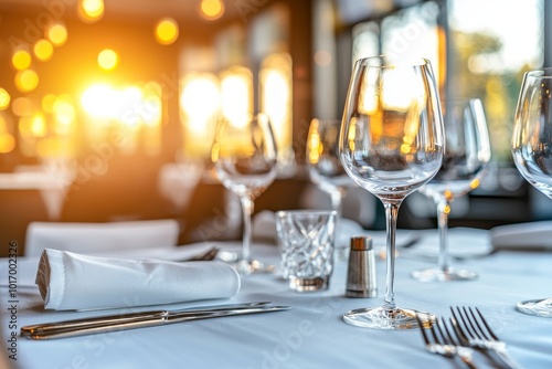 A formal wedding place setting on a long table photo