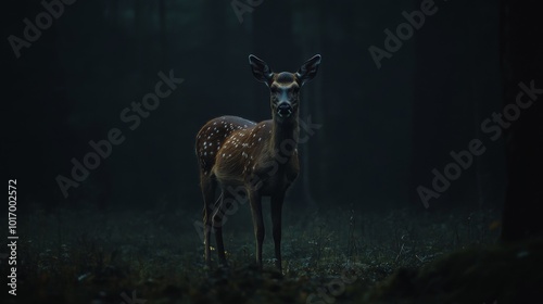 A deer stands in the dark woods, looking at the camera. The image has a moody and mysterious feel, as the deer is the only visible object in the scene