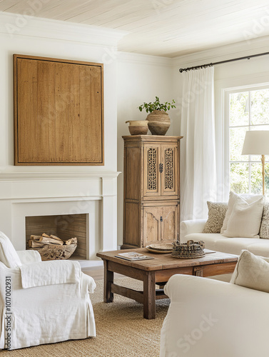 Modern farmhouse living room with large oak wall art above the fireplace photo