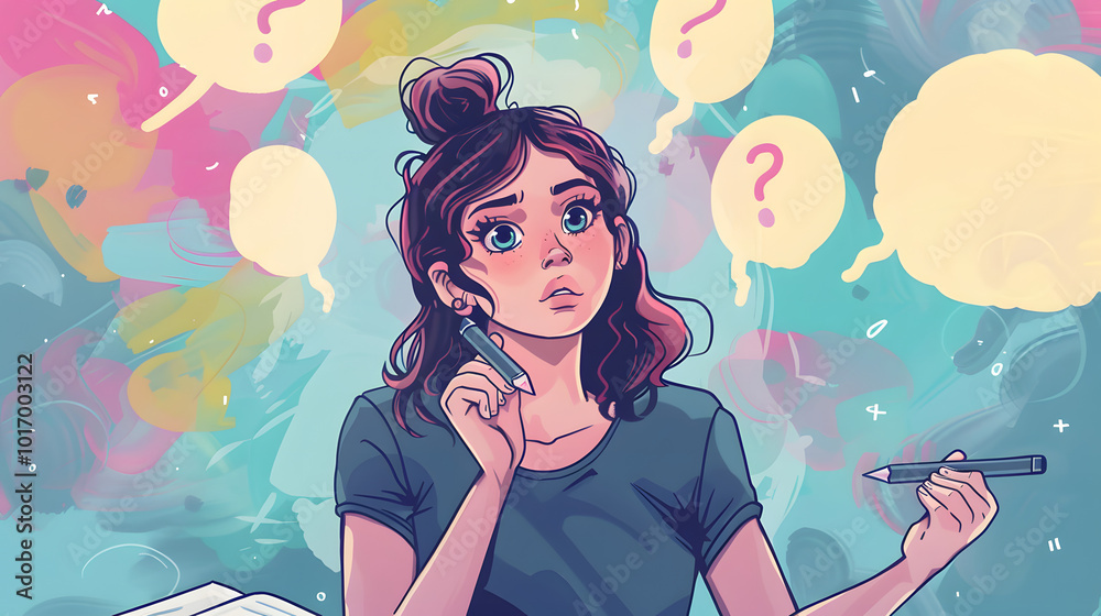 Contemplative Girl in Creative Space: Surrounded by Thought Bubbles and Questions Contemplative Girl in Creative Space: Surrounded by Thought Bubbles and Questions