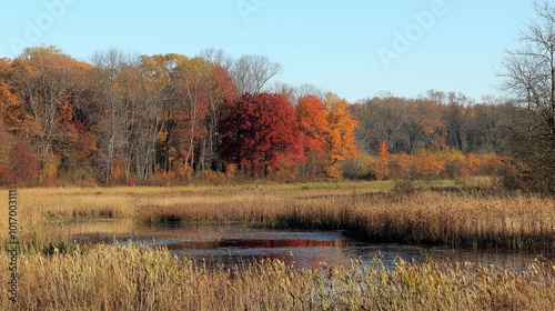 Autumn colors reflecting on a tranquil pond in a serene woodland landscape