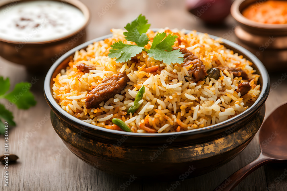 Biryani on a Plate Garnished with Cilantro | Flavourful and Aromatic Indian Rice Dish Served Fresh Biryani on a Plate Garnished with Cilantro | Flavourful and Aromatic Indian Rice Dish Served Fresh