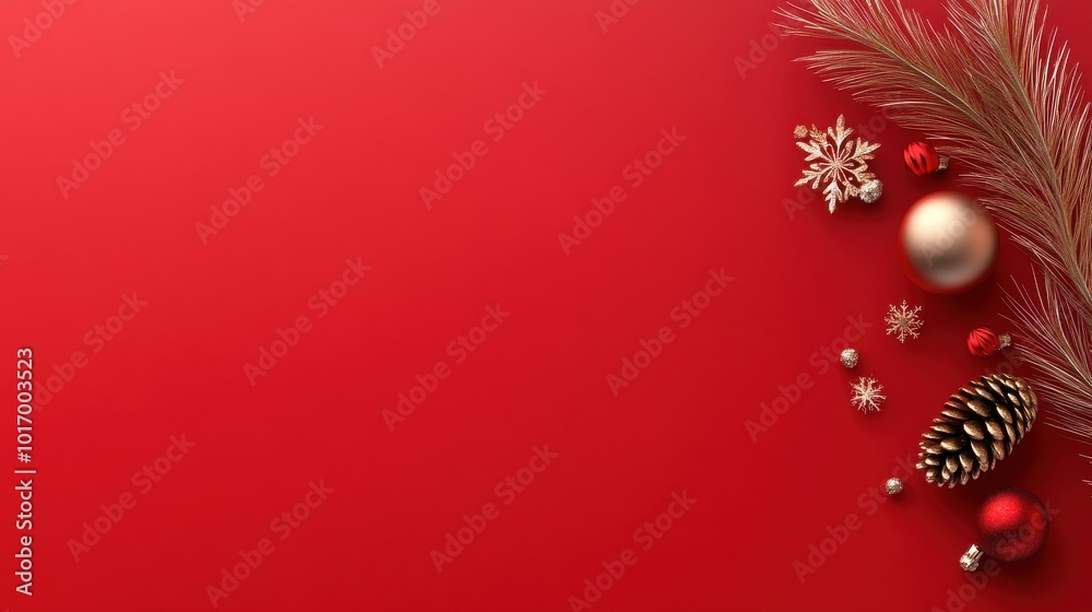 Rich red background with delicate gold snowflakes and festive pine cones, creating a warm holiday feel. Rich red background with delicate gold snowflakes and festive pine cones, creating a warm holiday feel.