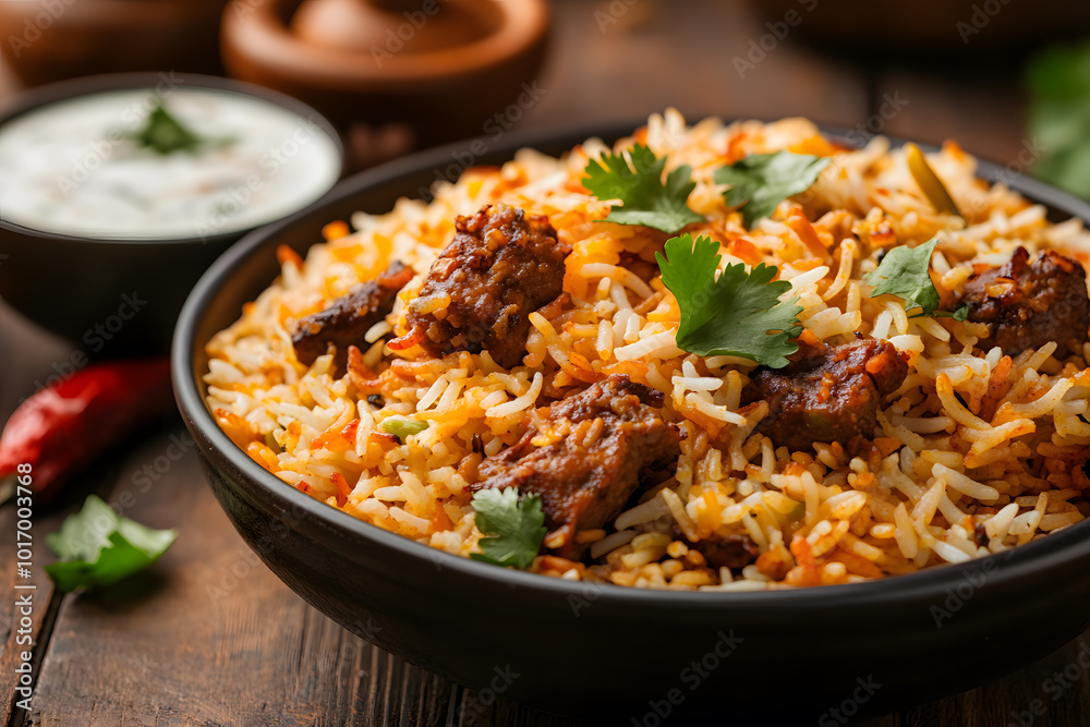 Biryani on a Plate Garnished with Cilantro | Flavourful and Aromatic Indian Rice Dish Served Fresh Biryani on a Plate Garnished with Cilantro | Flavourful and Aromatic Indian Rice Dish Served Fresh