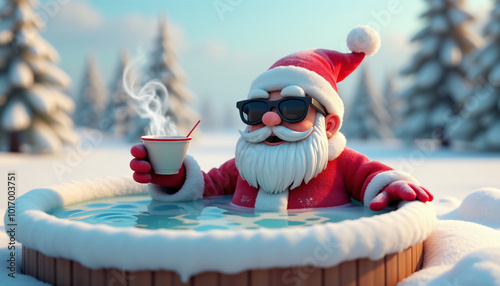 Adorable Santa 3D model, in sunglasses, relaxes in a steaming hot tub with a cup of hot and delicious cocoa. Surrounded by a snowy landscape, he embodies holiday bliss. Christmas, winter wallpaper
