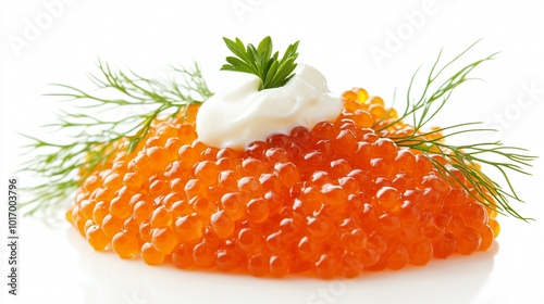 Red caviar served with a dollop of sour cream, isolated on a pure white background with intricate garnish photo