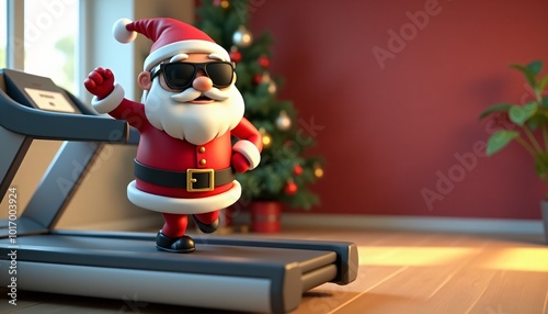 A cute Santa 3D model, wearing sunglasses, running on a treadmill, working out in a Christmas-themed gym with a determined look. On a plain background