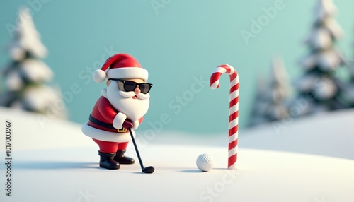 A cute Santa 3D model, wearing sunglasses, playing golf on a snowy course, preparing to hit a candy cane as the golf ball, focused on his swing. On a plain background