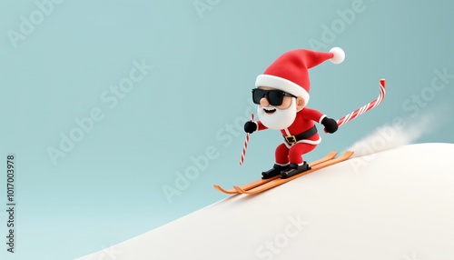 A cute Santa 3D model, wearing sunglasses, standing on a ski slope, holding ski poles, ready for a downhill adventure. On a plain background