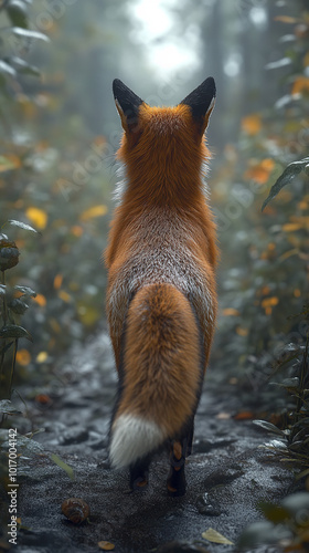 The fox turns its back and walks away, captured from behind photo