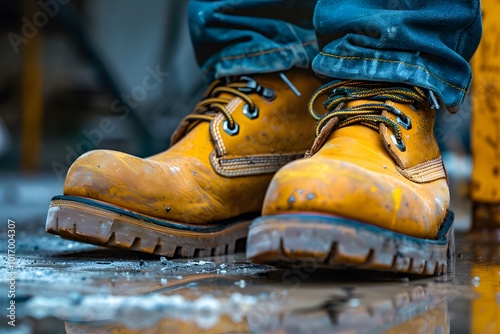 Sturdy Work Boots on a Wet Surface