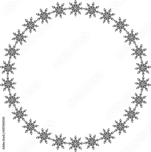 Snowflake circle frame. Winter snowflake round border.