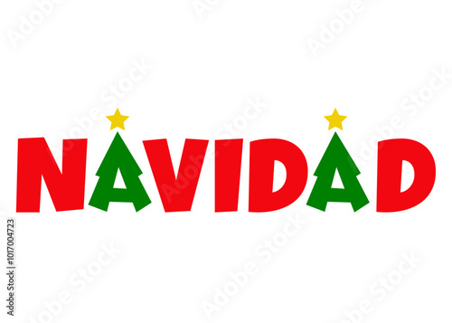 Logo con palabra Navidad en español con letra A con forma de árbol de navidad tipo pino o abeto con estrella para tarjetas y felicitaciones
