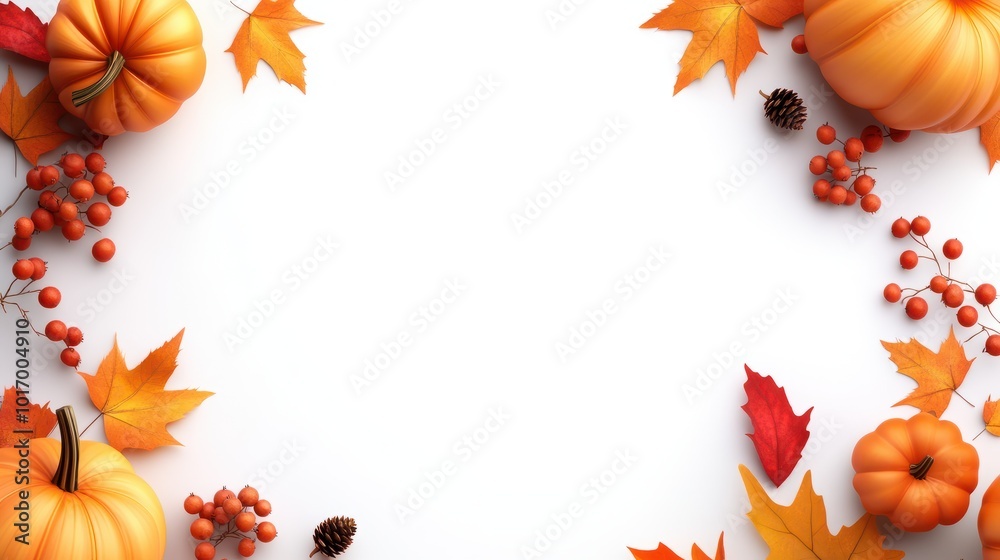 Fototapeta premium Thanksgiving border featuring an arrangement of pumpkins, autumn berries, and maple leaves in bright fall colors.