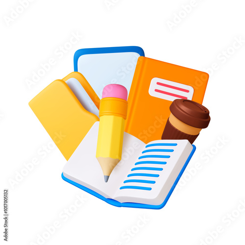 3d Work and study. Education 3d concept with opened book, notebooks yellow folder for documents, pencil and coffee mug. Realistic render office vector icons