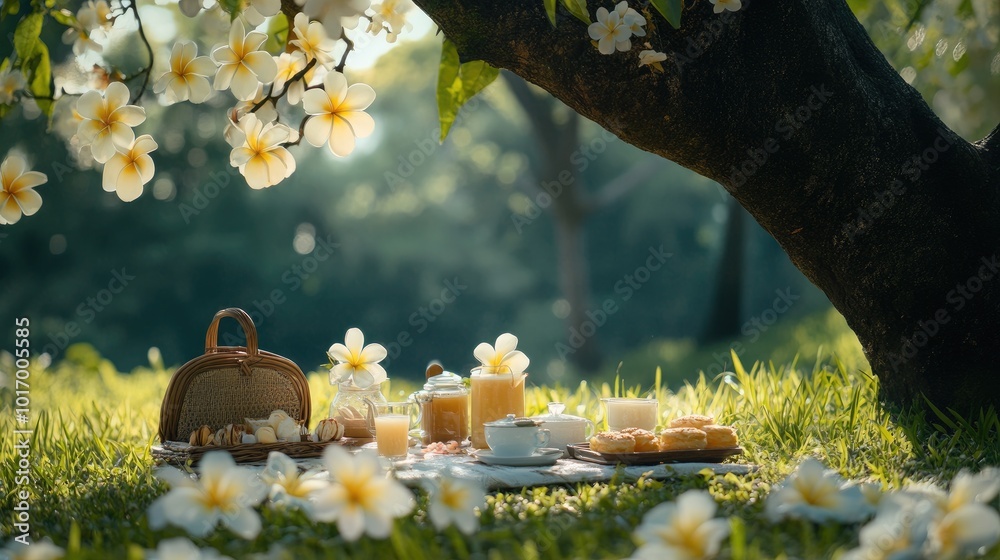 Serene Picnic Under Blossoming Tree Serene Picnic Under Blossoming Tree