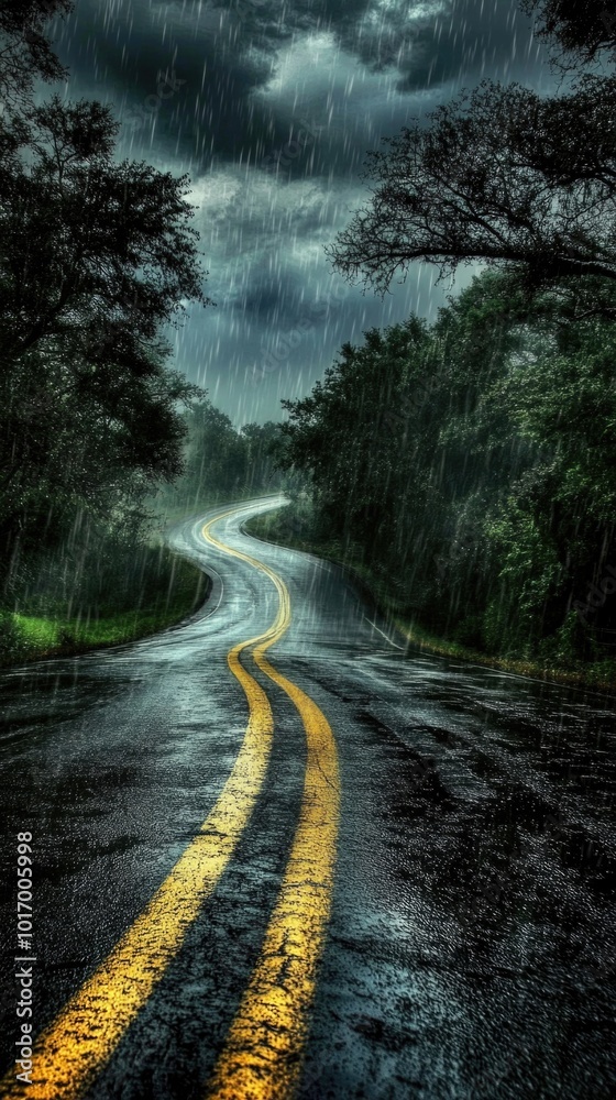 Fototapeta premium Winding road through a dark green forest under rain and clouds