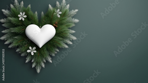 Intricate White Heart Decoration: Festive Touch on Red Background with Christmas Tree Accents
