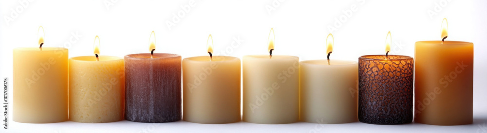 Set of pillar candles with flames illuminated, cut out
Set of pillar candles with flames illuminated, cut out