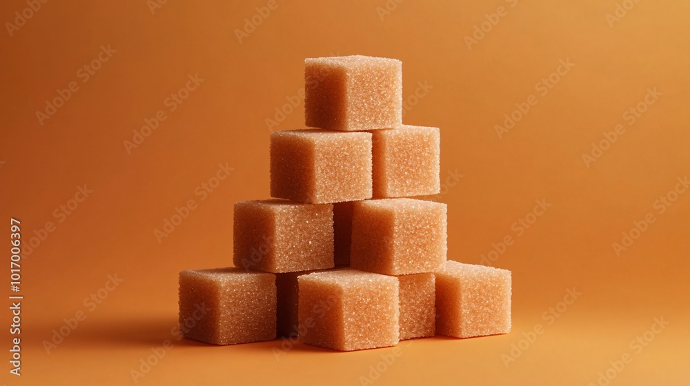 Brown sugar cubes stacked like bricks, isolated on a gradient orange background Brown sugar cubes stacked like bricks, isolated on a gradient orange background