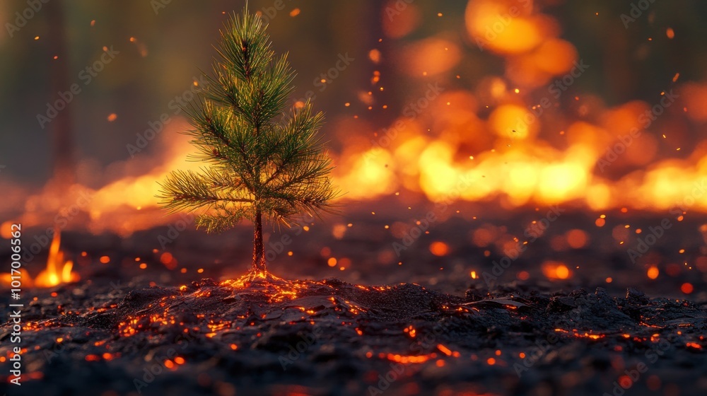A small tree stands resilient amidst a fiery landscape of lava and embers. A small tree stands resilient amidst a fiery landscape of lava and embers.