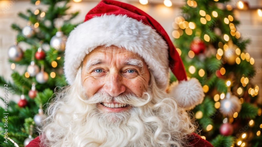 Santa Claus with a bright smile standing in front of Christmas trees decorated with lights and ornaments