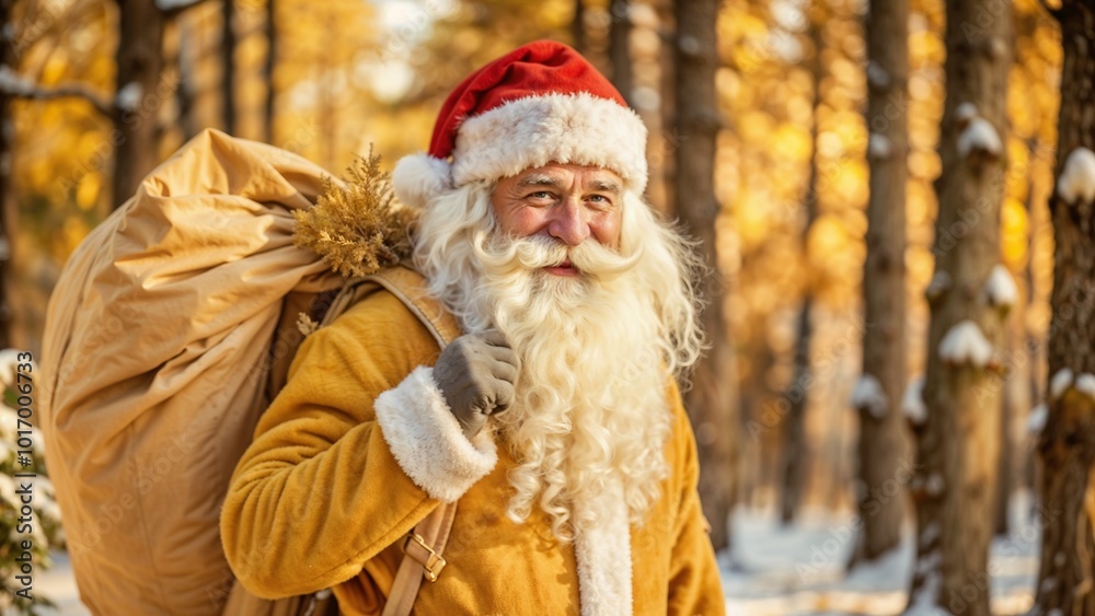 Jolly Santa Claus carrying a large sack on his back, smiling in a snowy forest during winter
Jolly Santa Claus carrying a large sack on his back, smiling in a snowy forest during winter
