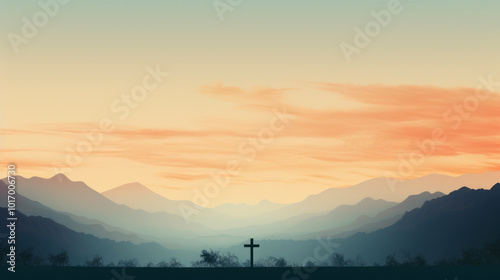 generated illustration of wooden cross and sunrise over a tranquil mountain range