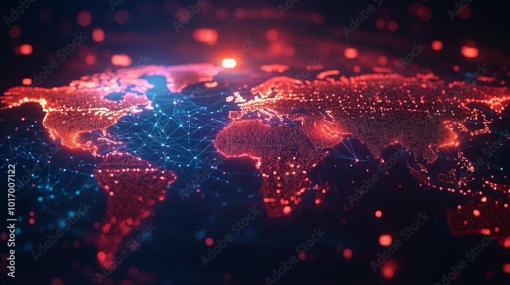 Obraz premium Digital World Map with Interconnected Nodes and Bright Lights